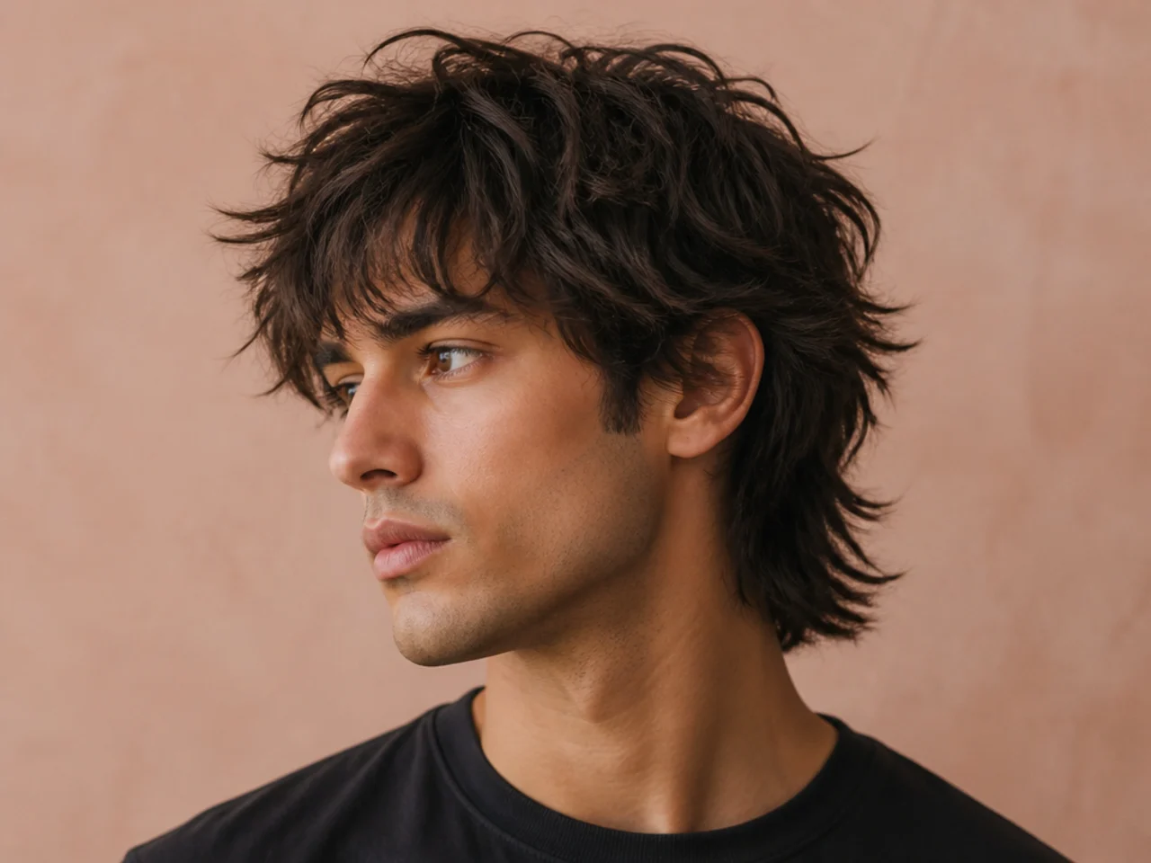Editorial grid of twenty messy wolf cut variations for men on a mood board