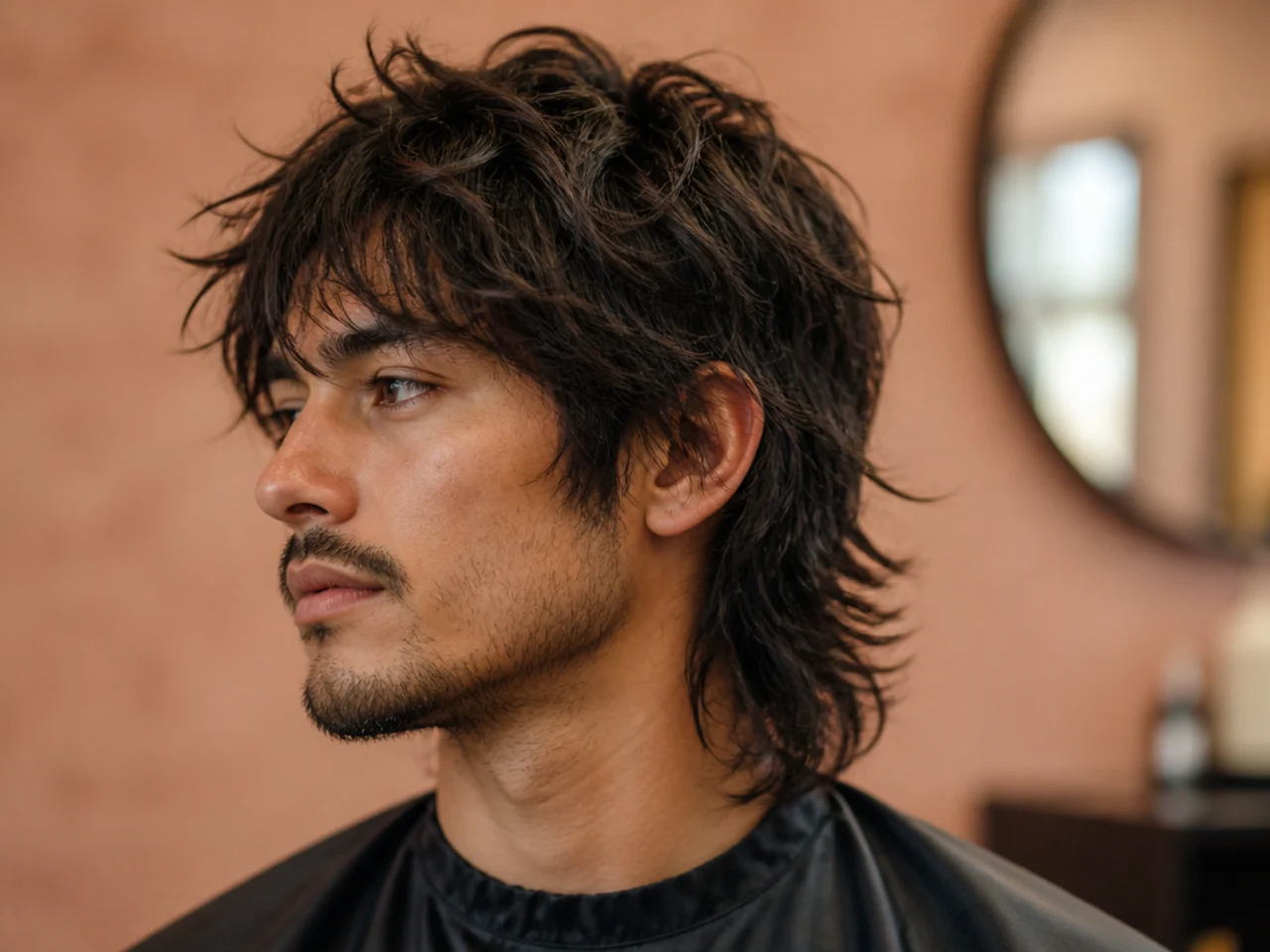 Overgrown messy wolf cut with deliberately long grown-out layers and heavy fringe