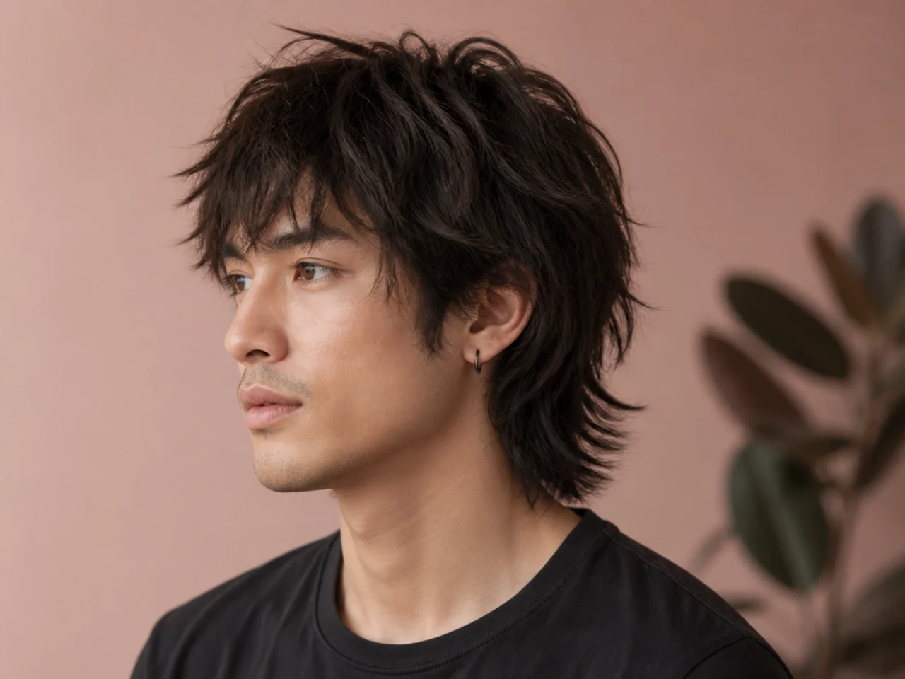 Rumpled straight wolf cut on straight dark hair with rough-dried lived-in finish