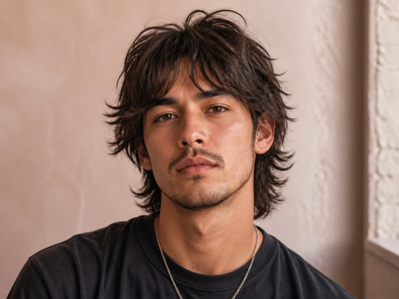 Skater messy wolf cut with flopped mid-length layers and laid-back street style finish