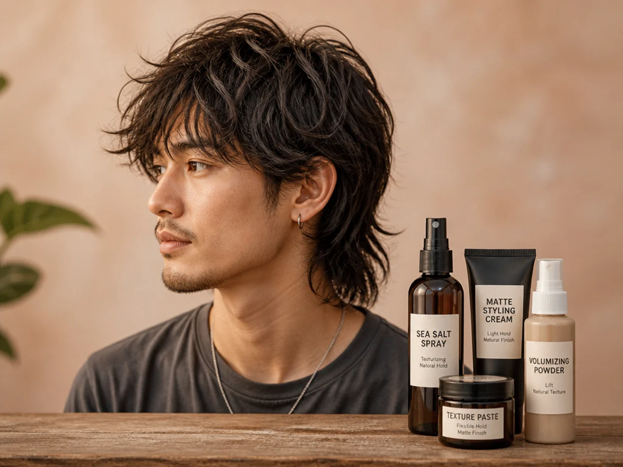 Styling products laid out for a messy wolf cut including matte cream texture powder and sea-salt spray