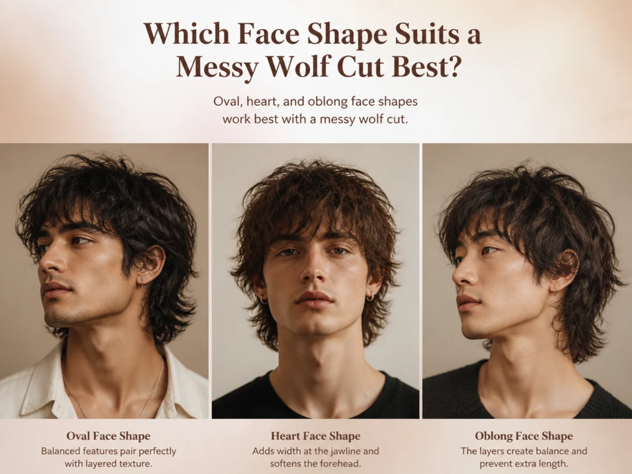 Diagram of face shapes matched with the best messy wolf cut variations for each