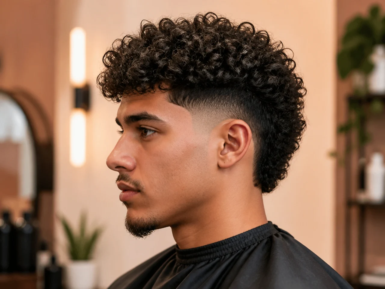 Mid burst fade with a curly broccoli top