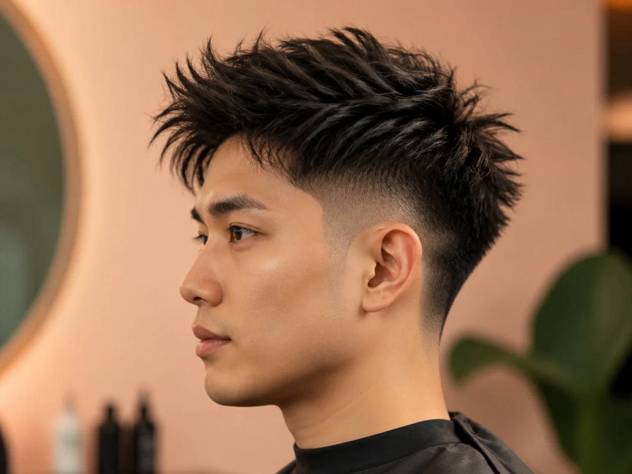 Mid burst fade on Asian hair with a layered textured top
