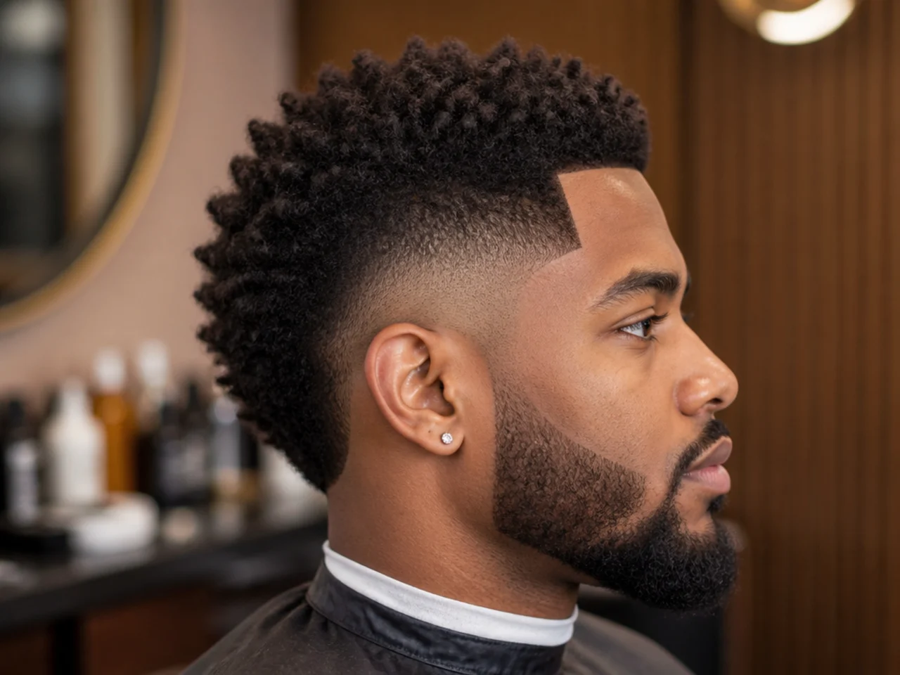Mid burst fade for Black men with a coily textured top
