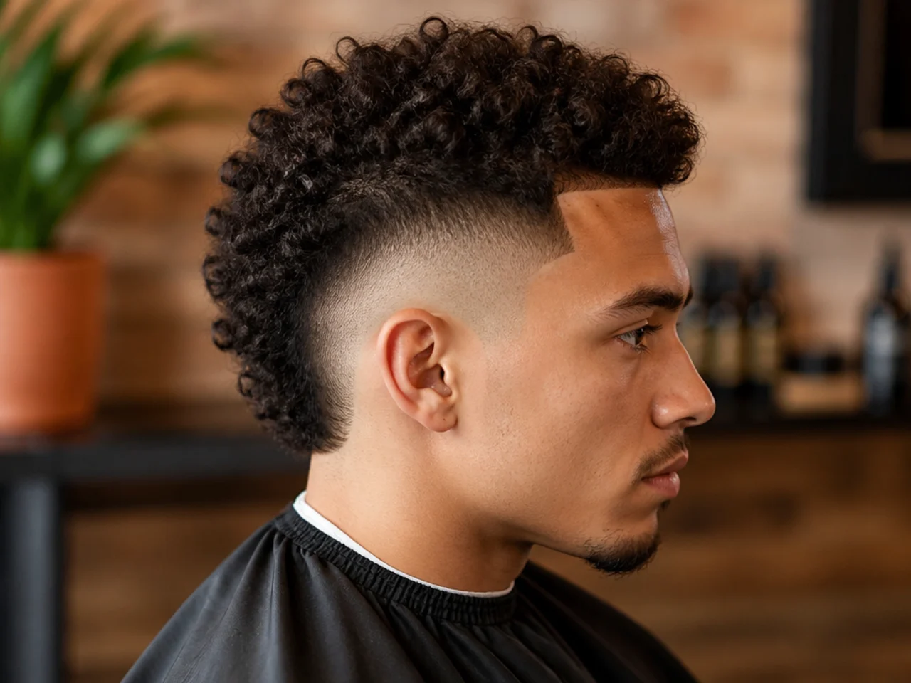 Mid burst fade with a soft mohawk strip up top