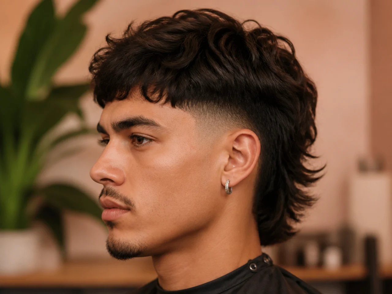 Mid burst fade with a modern mullet on wavy hair