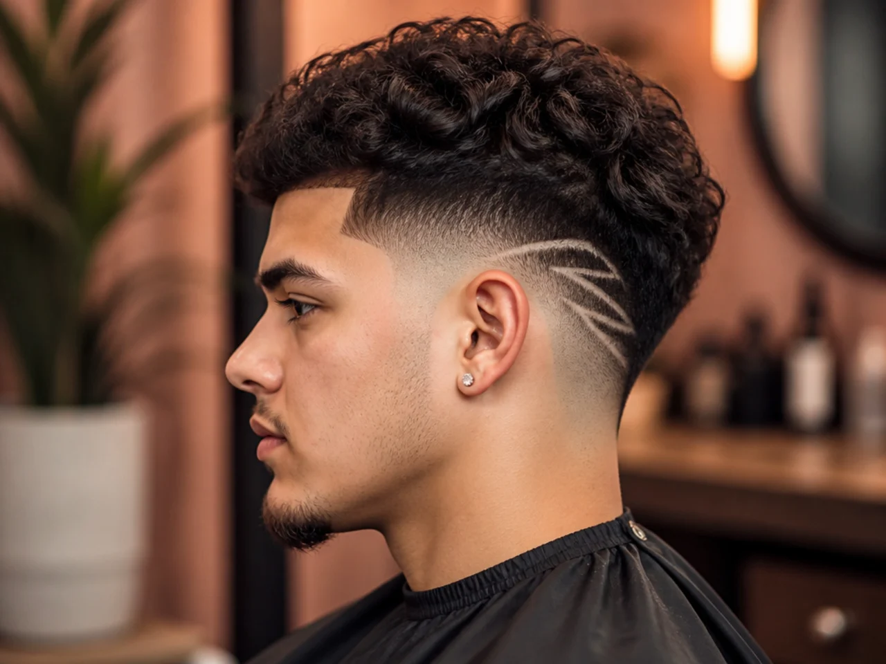 Mid burst fade with a shaved line design at the temple