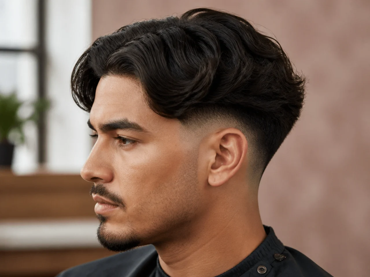 Mid burst fade with a middle part on wavy hair
