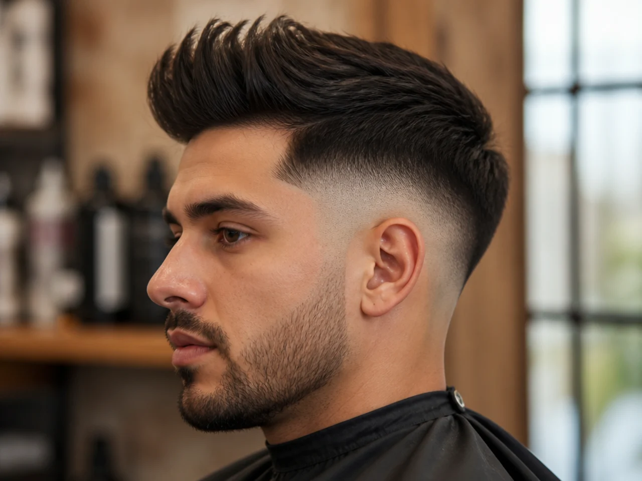 Mid burst fade with a voluminous quiff swept upward