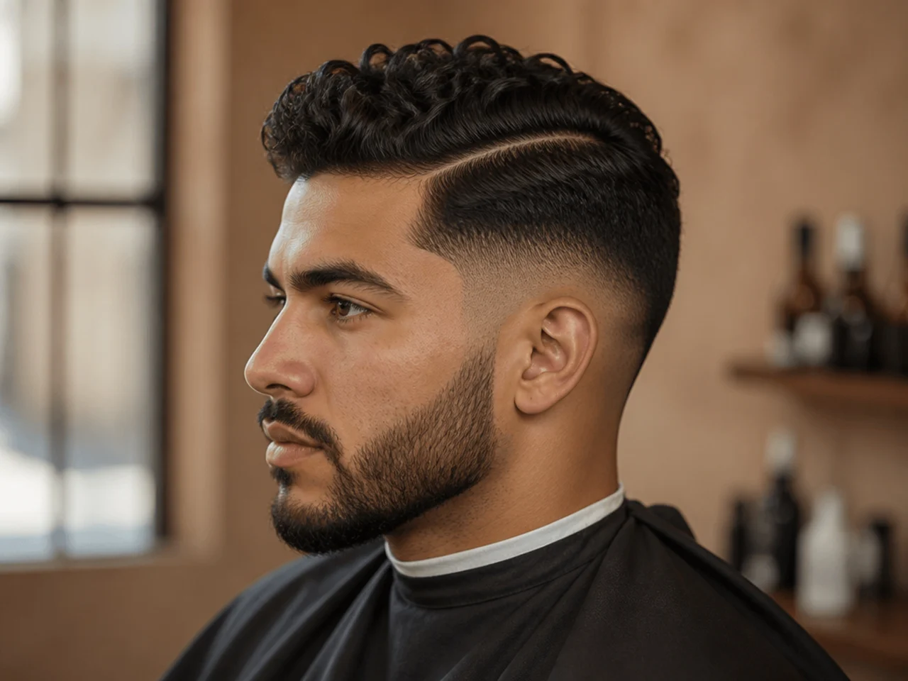 Mid burst fade with a classic side part on top