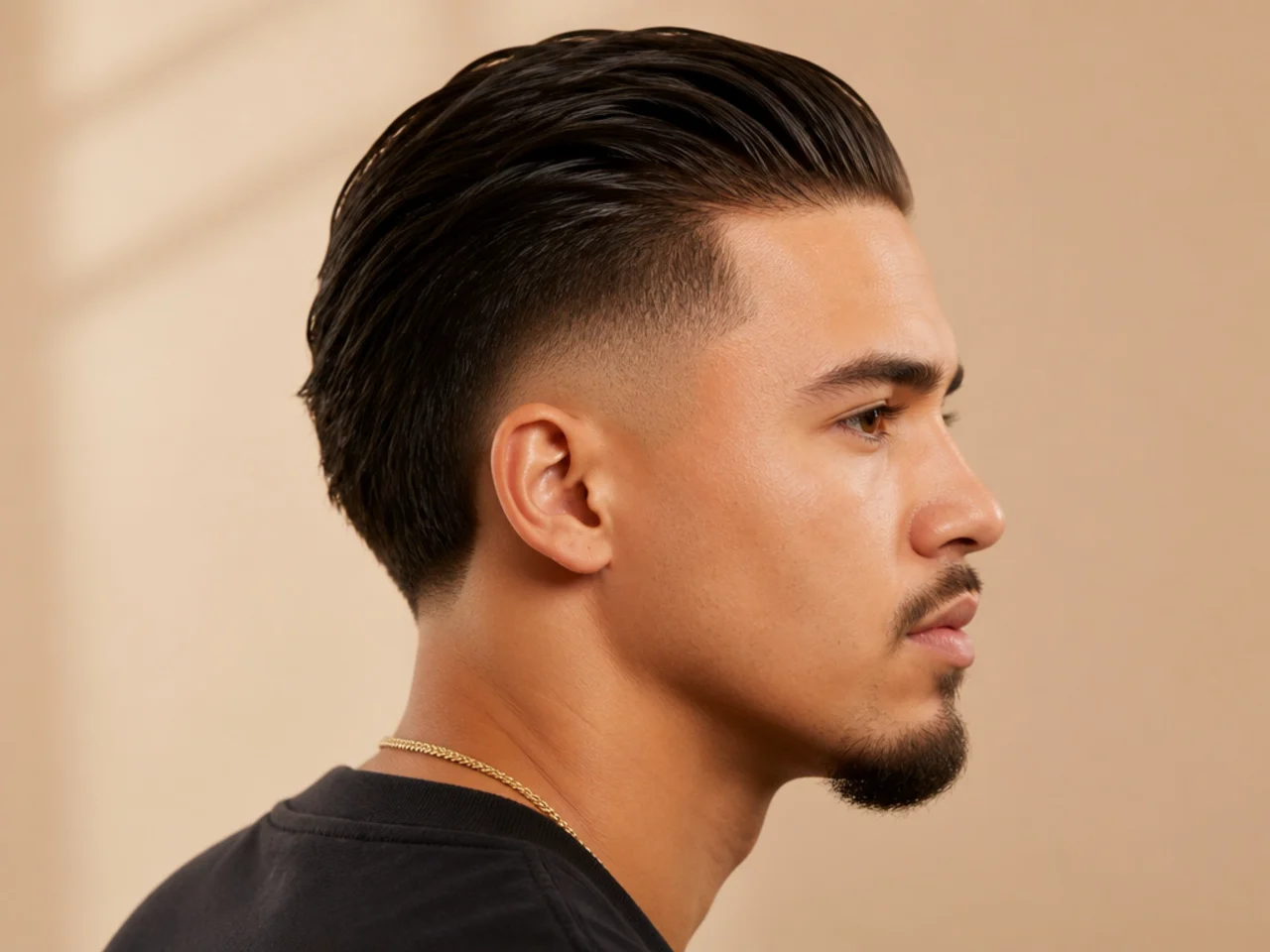Mid burst fade with a polished slick-back top