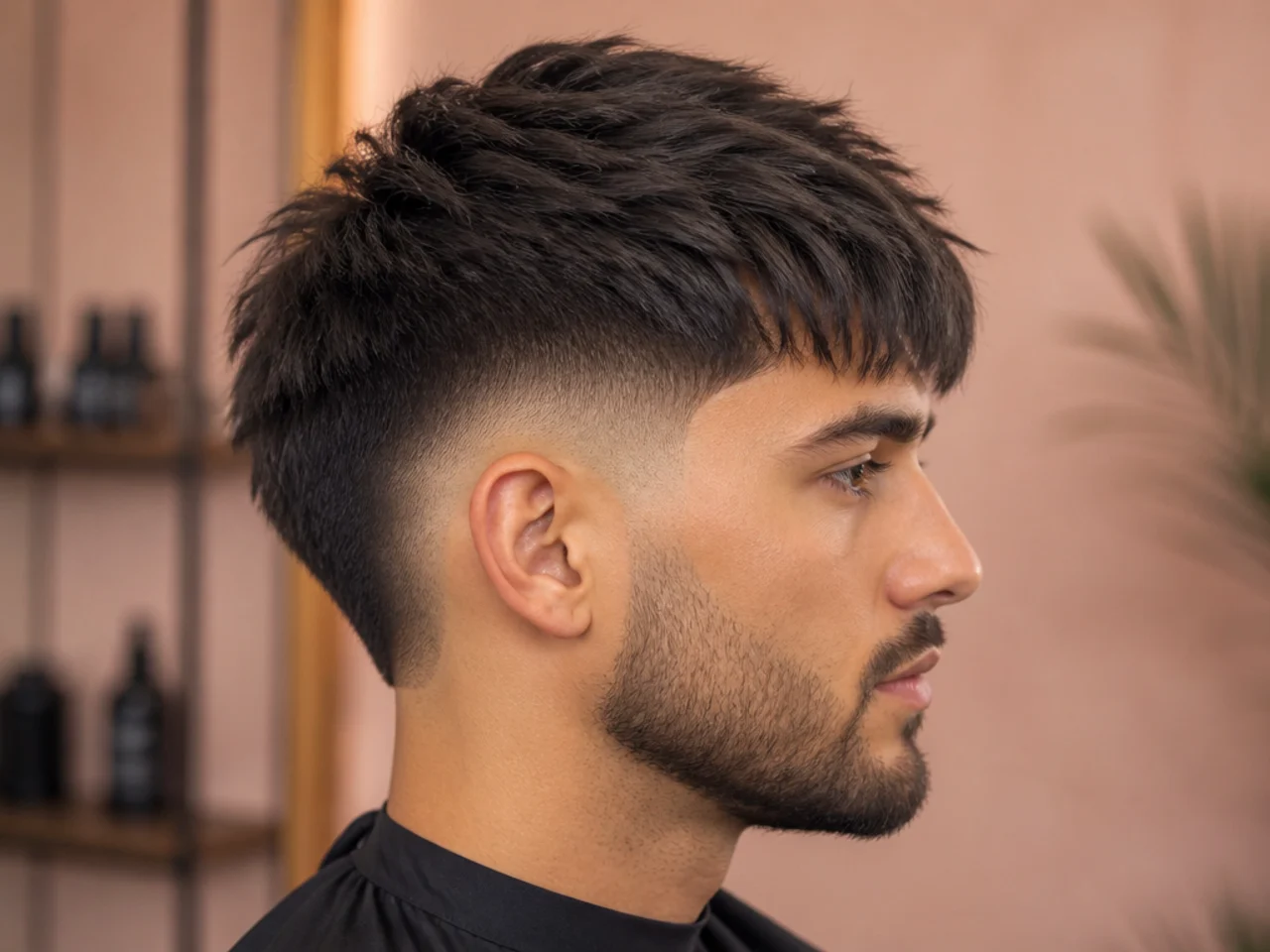 Mid burst fade with a piecey textured fringe forward