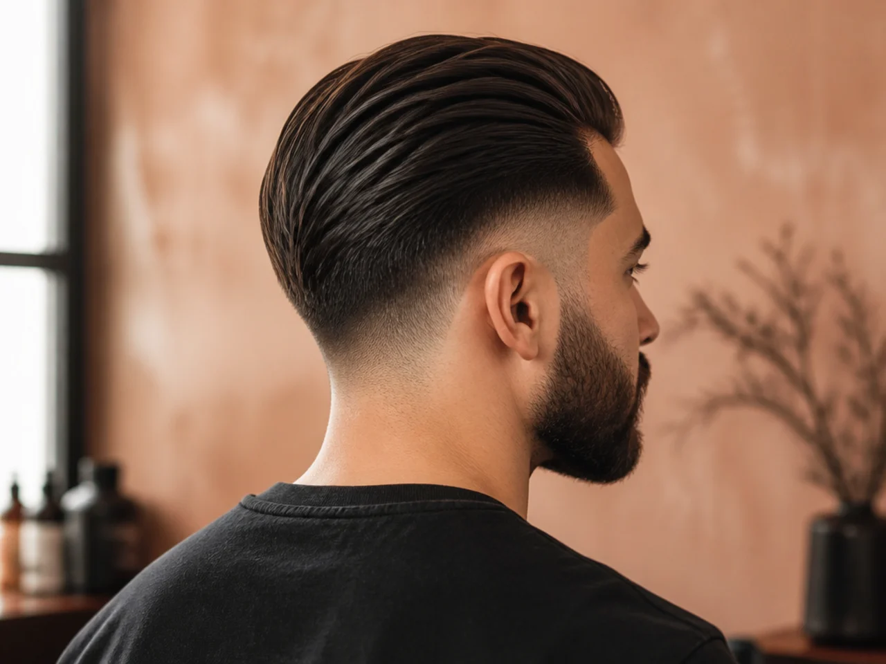 A mid fade slick back with a beard