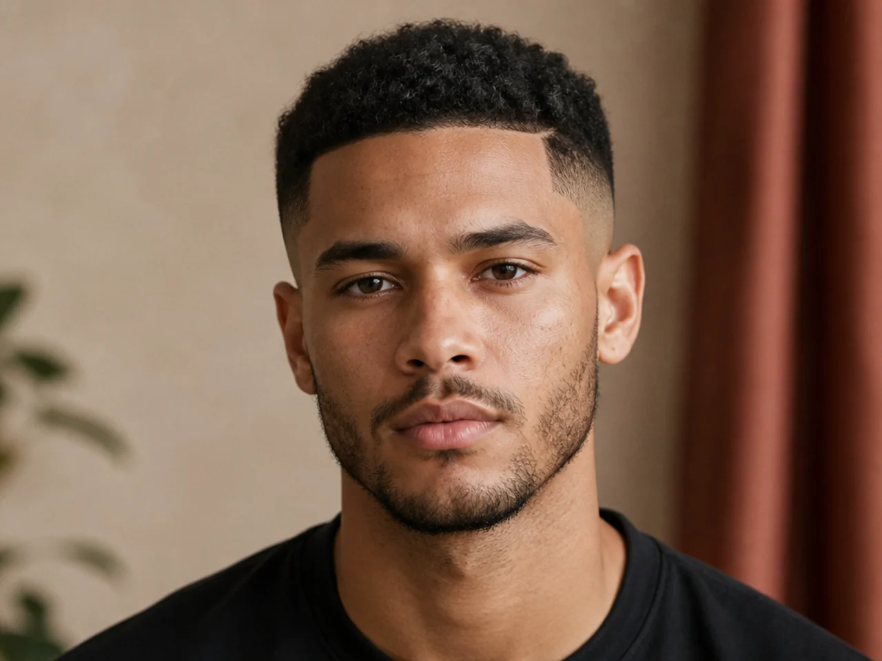 A mid fade with a patchy beard