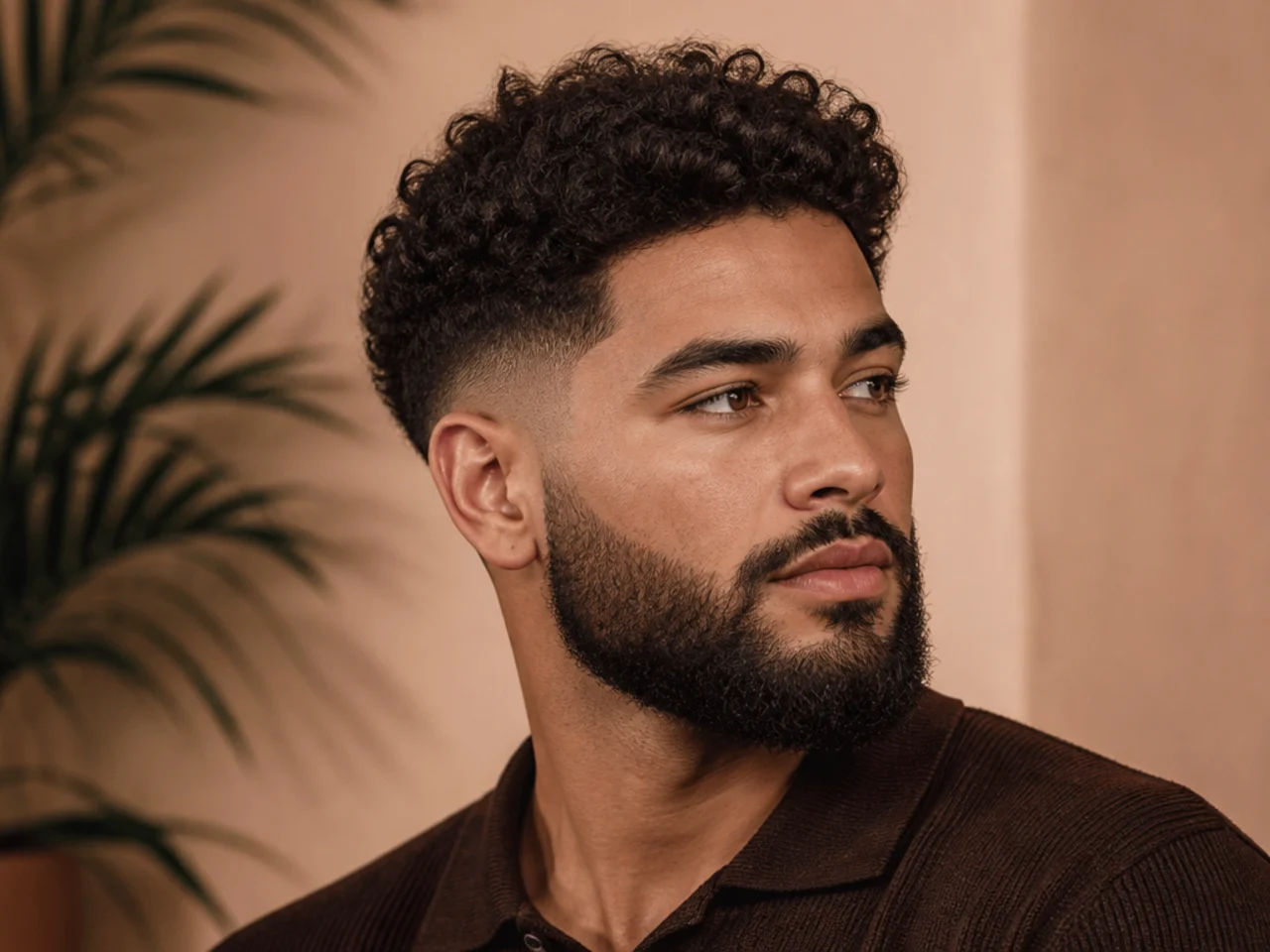 A mid fade on curly hair with a beard