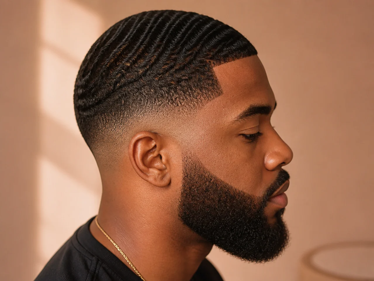 A mid fade with 360 waves and a beard