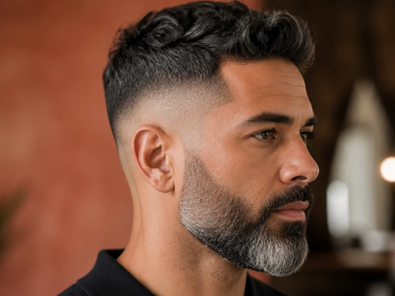 A mid fade with a grey beard
