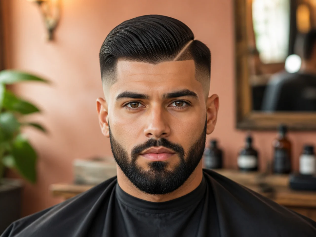 A mid fade with a hard part and a beard
