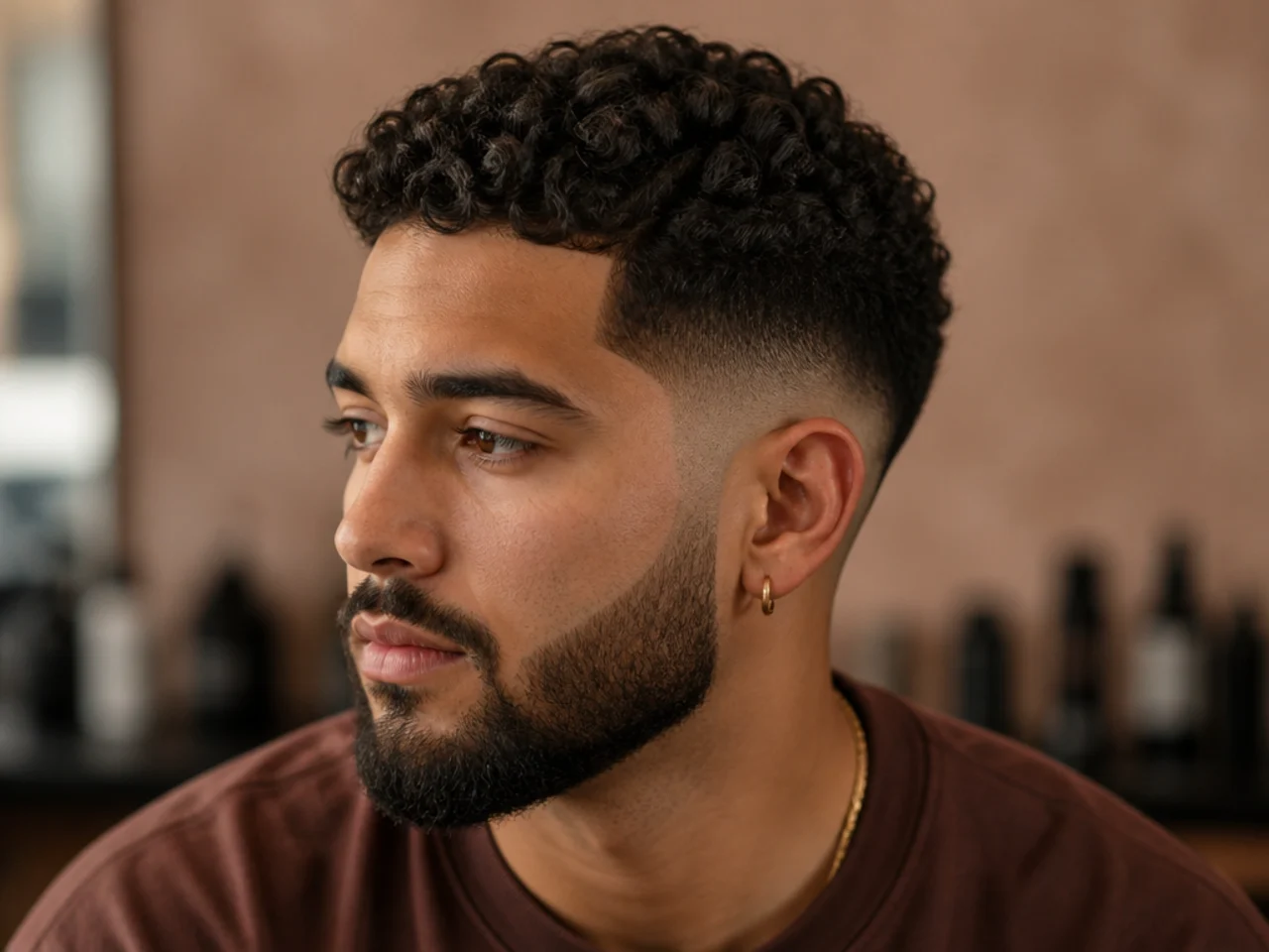 A mid drop fade with a beard