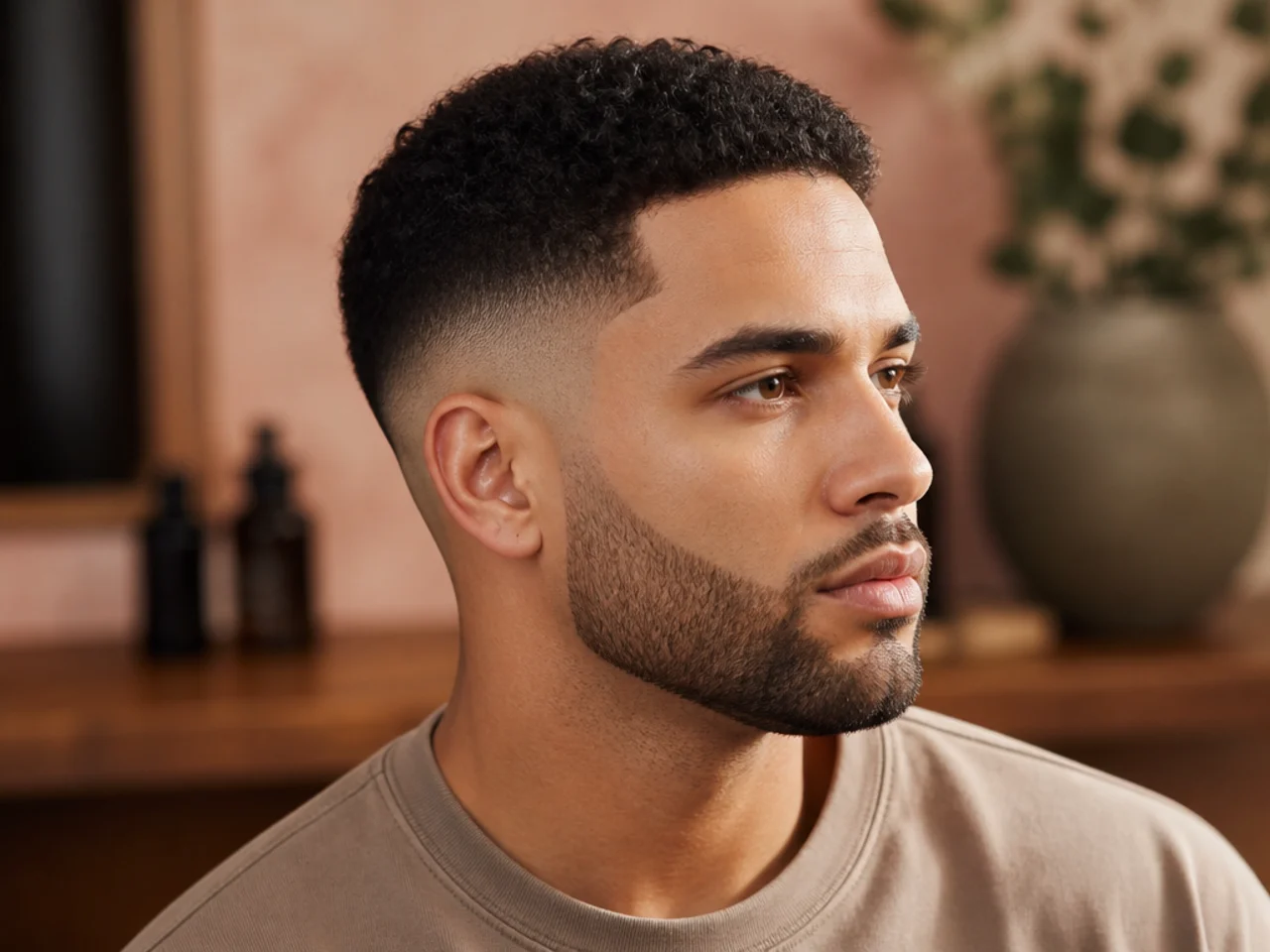 A mid fade with a beard faded to match at the sideburn