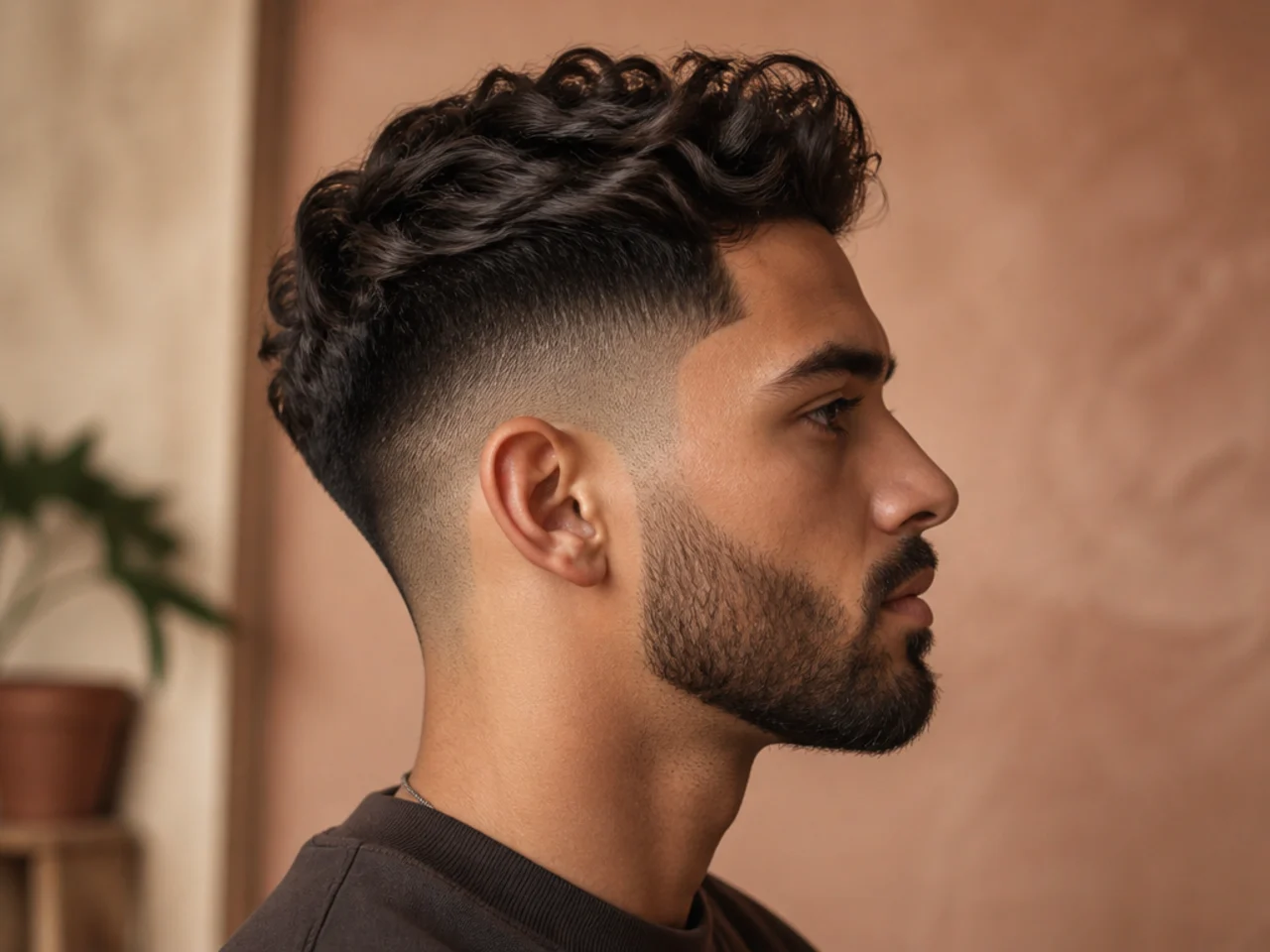 A mid fade stopping above the sideburn with a beard below