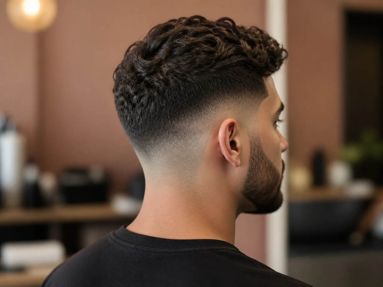 A mid fade with a short boxed beard