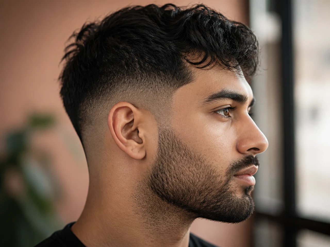 A mid fade with heavy stubble