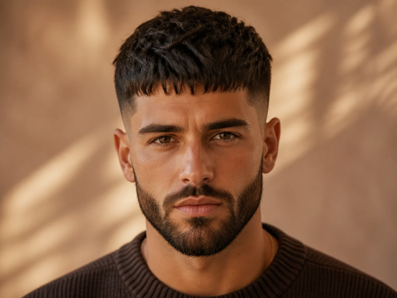 A mid fade textured crop with a beard