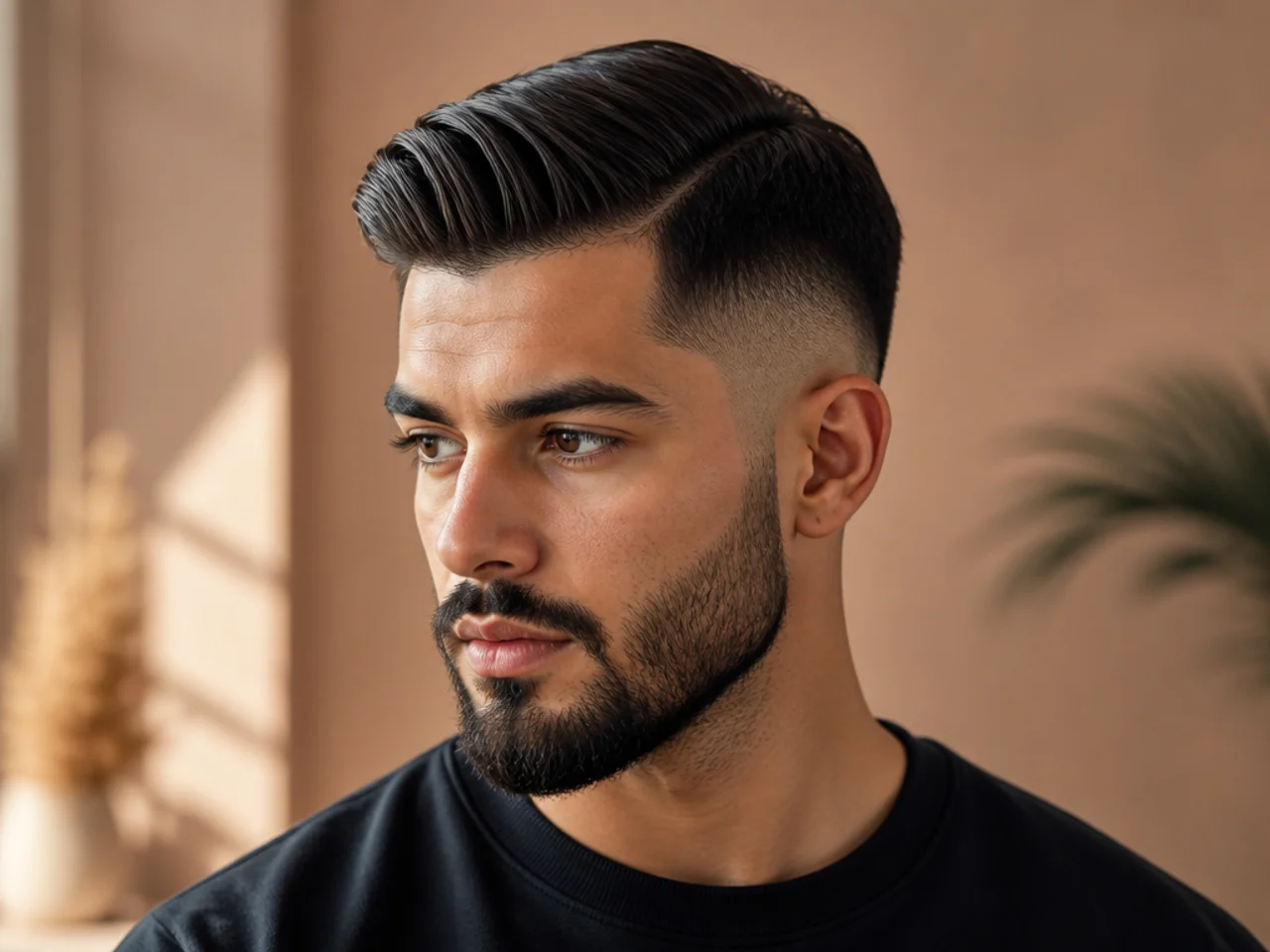 A mid fade comb over with a beard