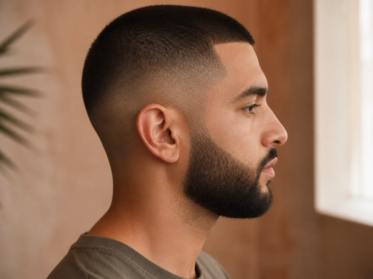 A mid fade buzz cut with a beard