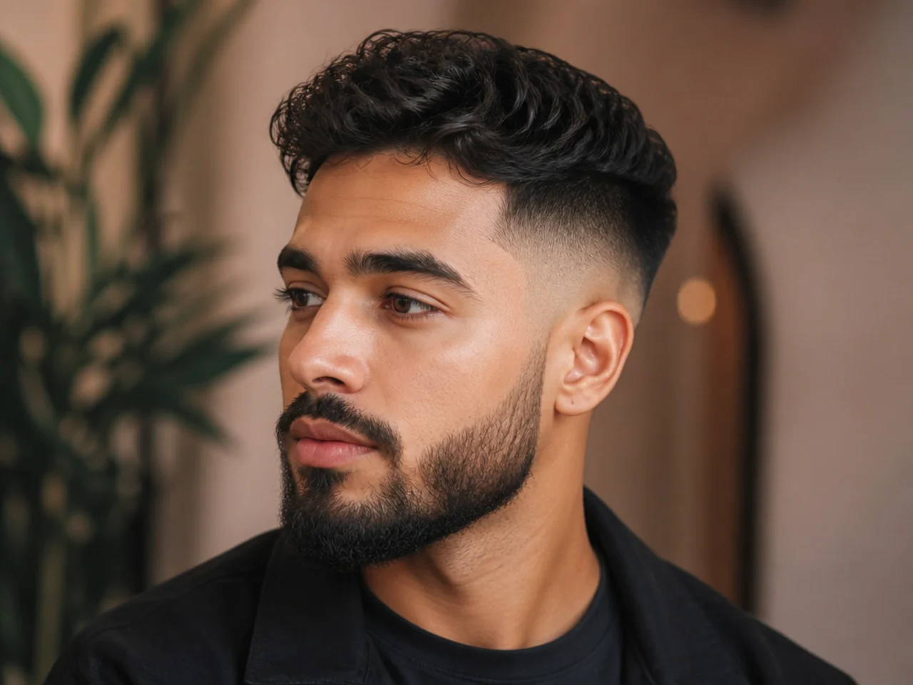 Three-quarter view of a mid fade with a beard