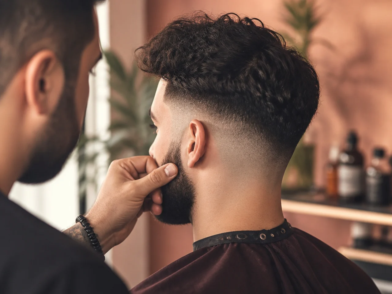 A barber checking beard density at the sideburn