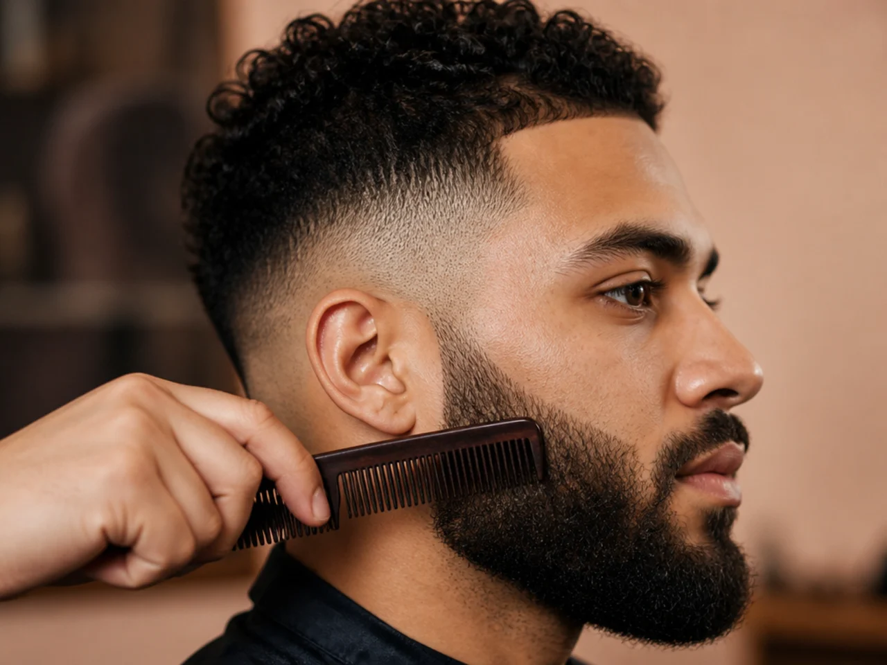 A beard being combed below a mid fade line