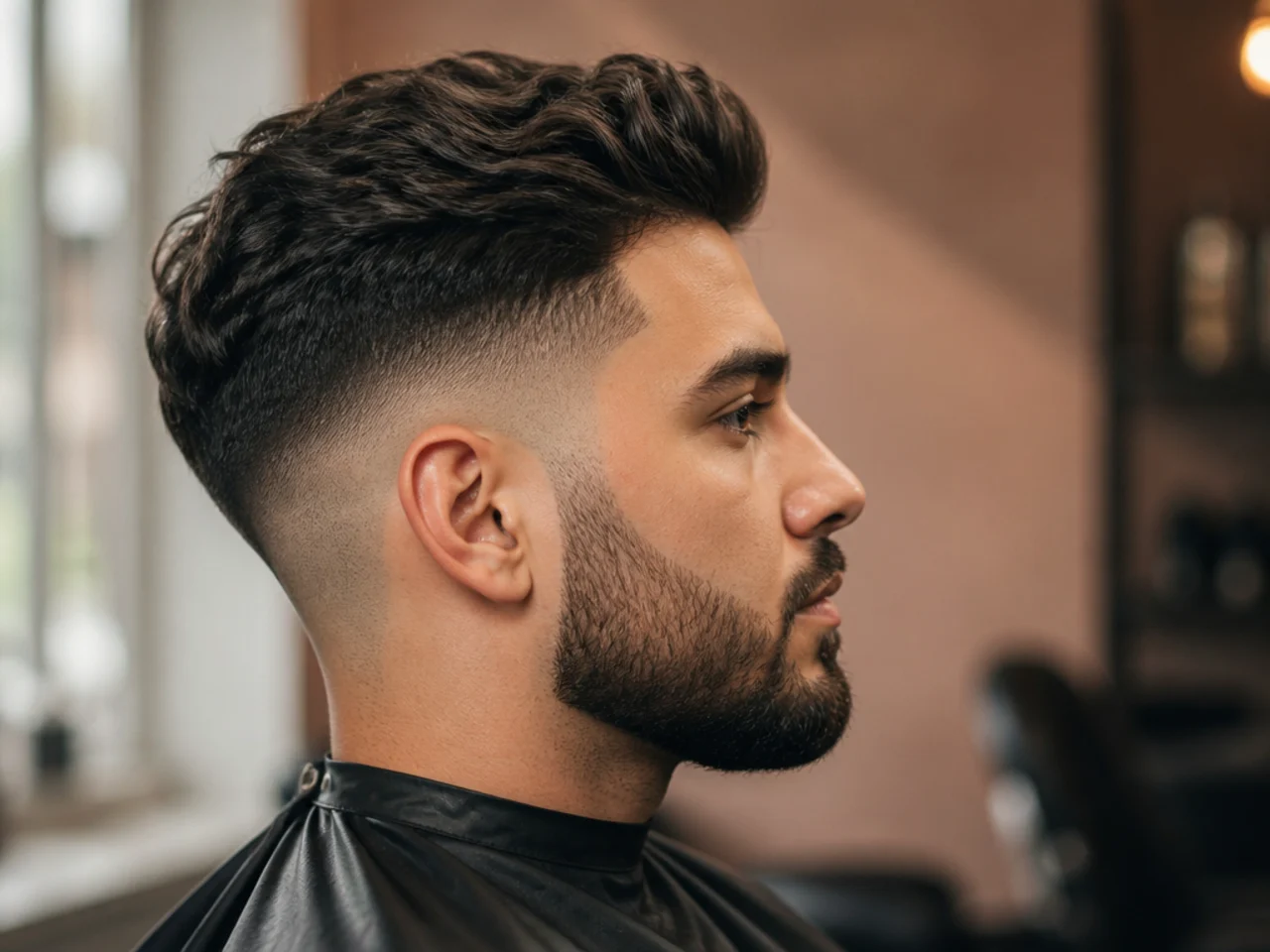 A mid fade line above the ear with the beard below it