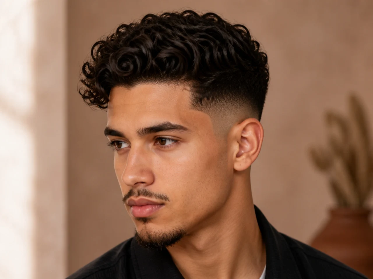 A mid fade comb over on curly hair