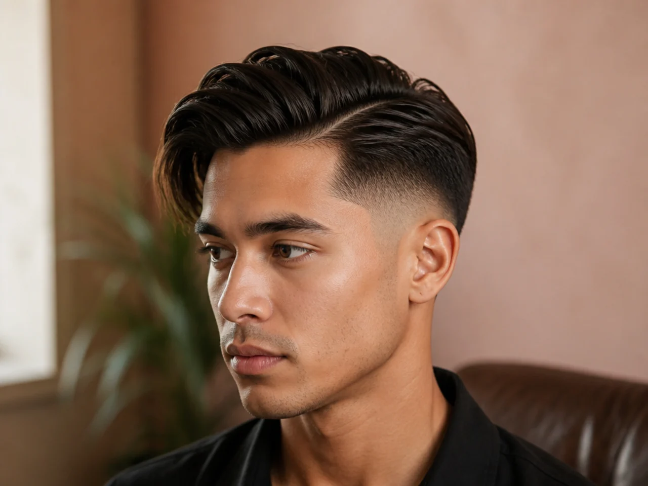 A side-swept mid fade comb over