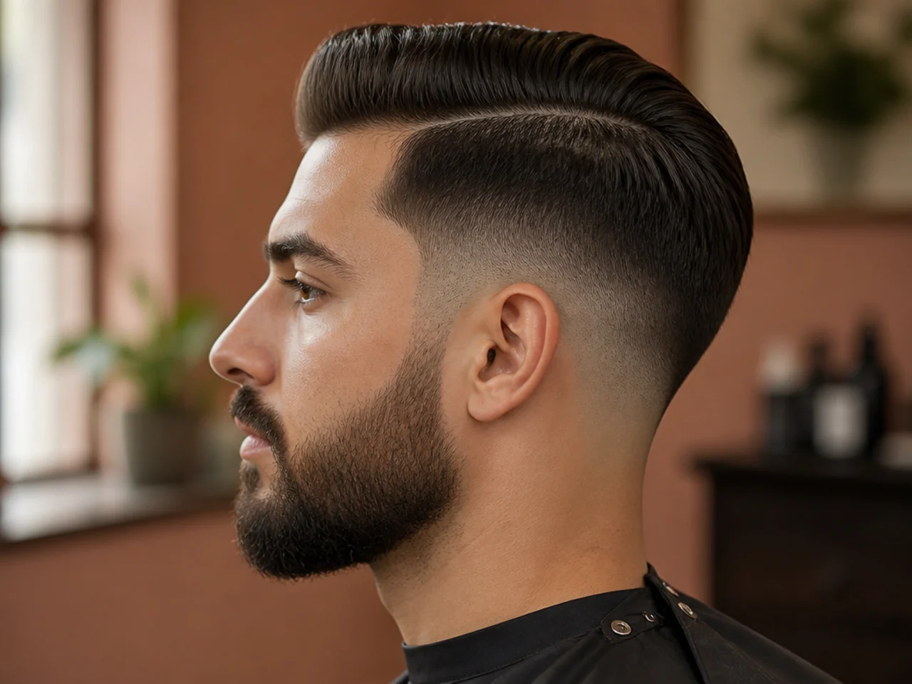 A mid fade comb over with a beard