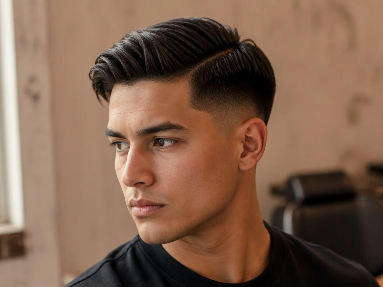 Three-quarter view of a mid fade comb over