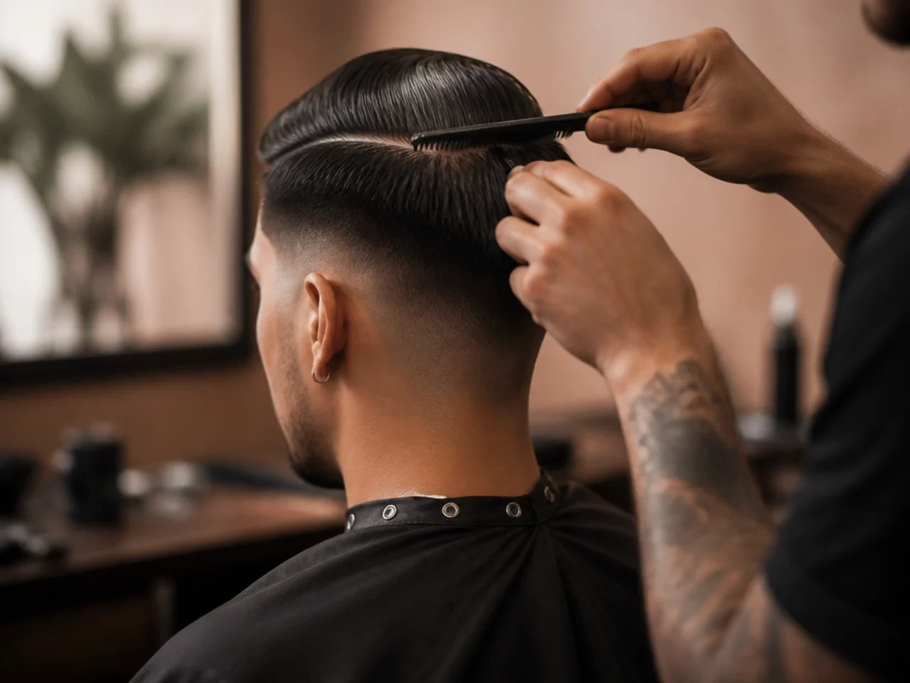 A barber setting a part line above a mid fade