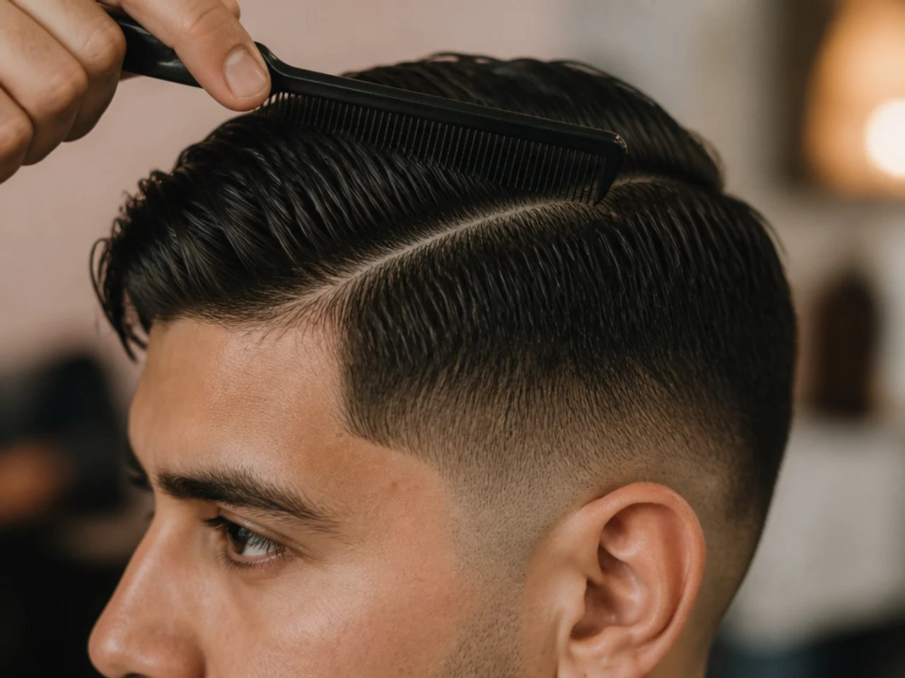 A part being combed in on damp hair above a mid fade