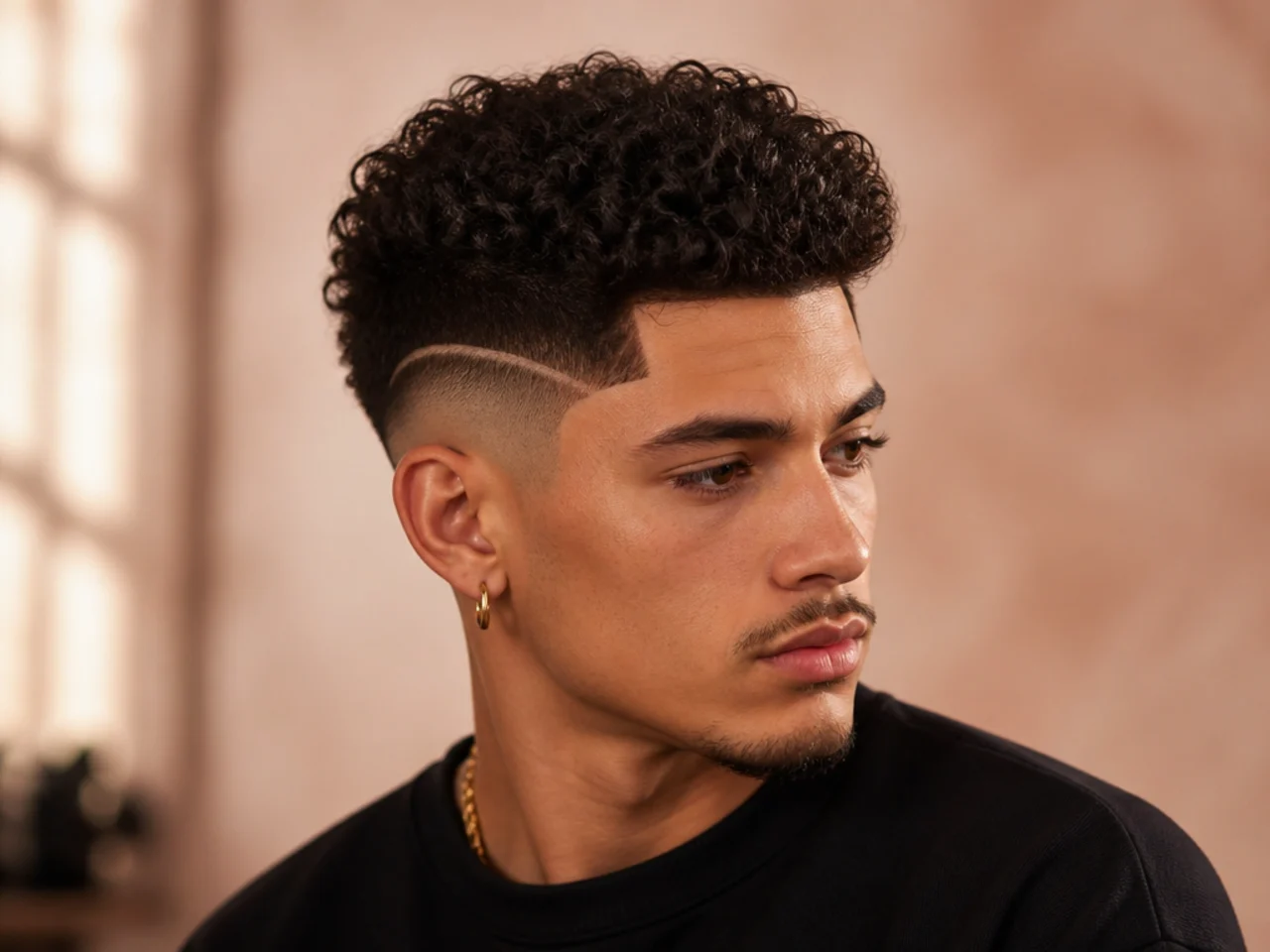 A single line design below a curly mid fade