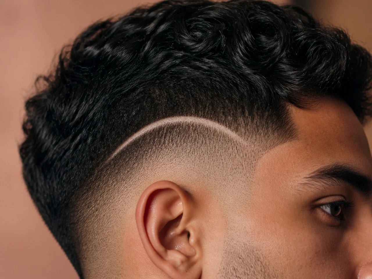 A curved arc design above the ear in a mid fade