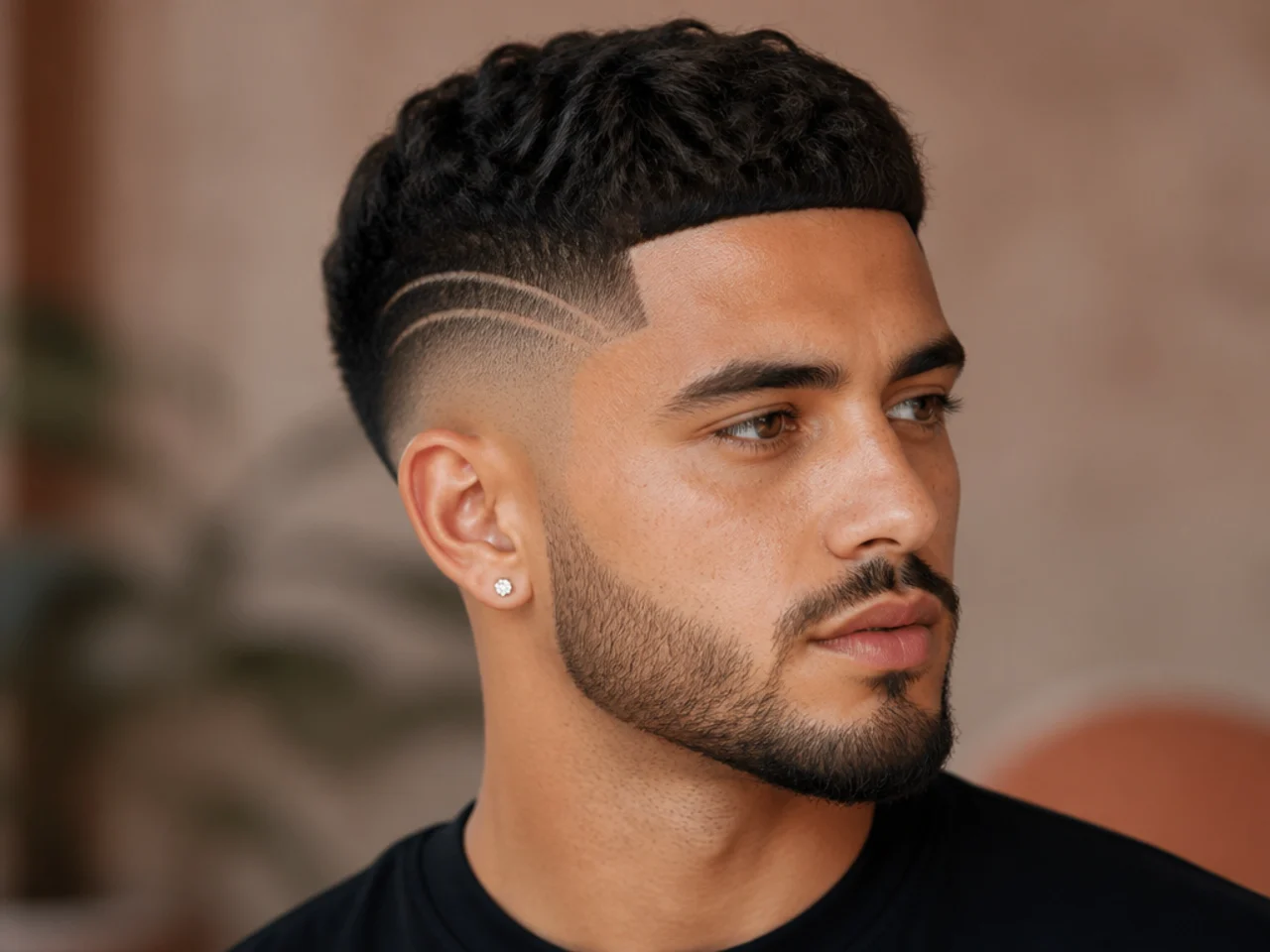 Three-quarter view of a mid fade with a design
