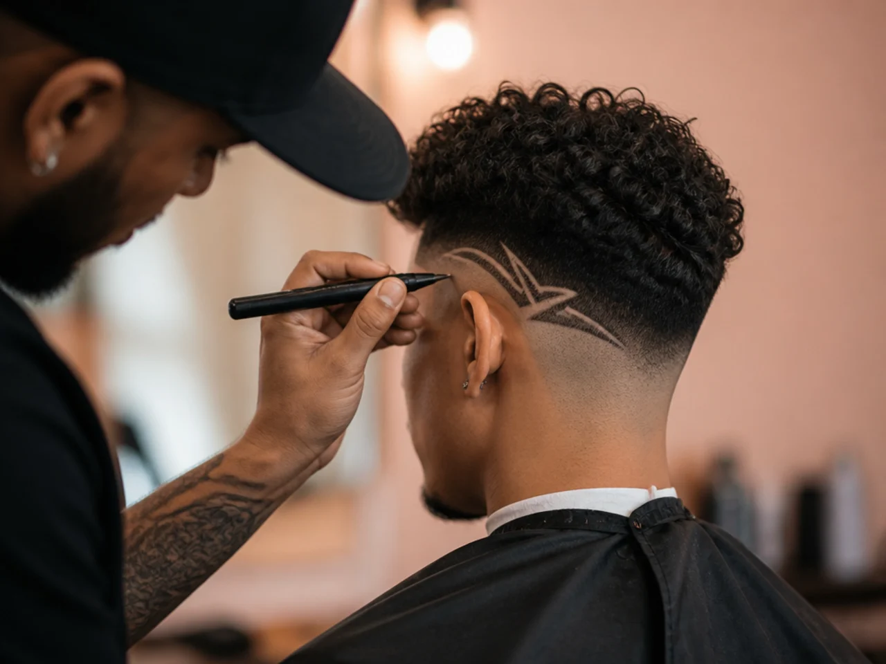 A barber marking out a design on a mid fade panel