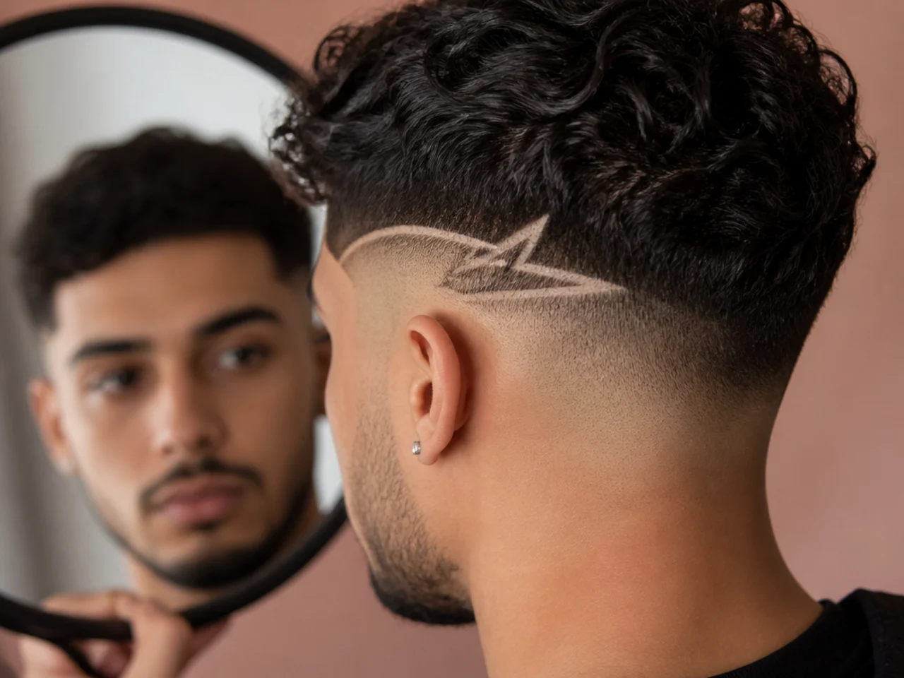 A design in a mid fade panel being checked in a mirror