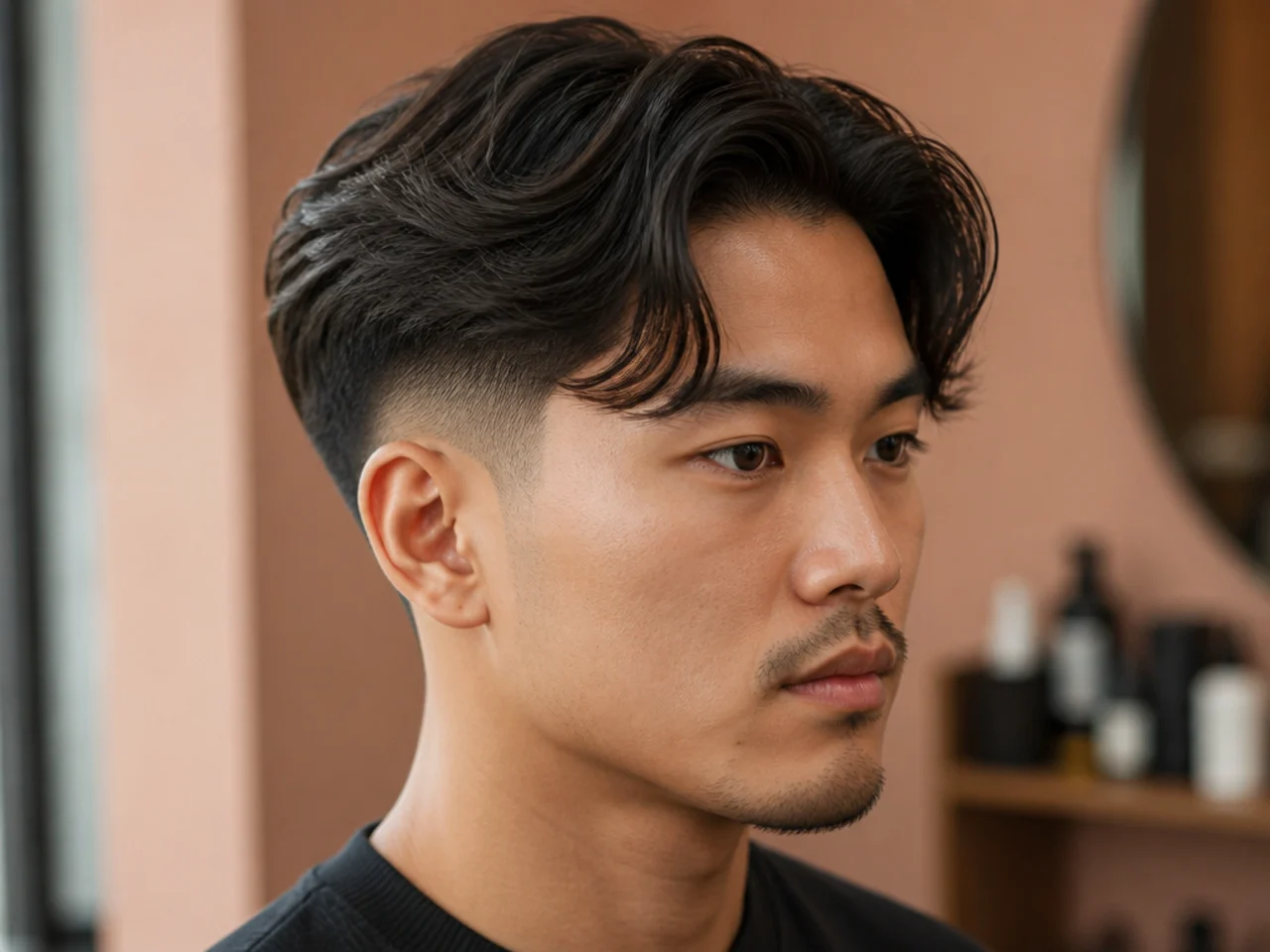 Mid fade with center-parted curtain fringe