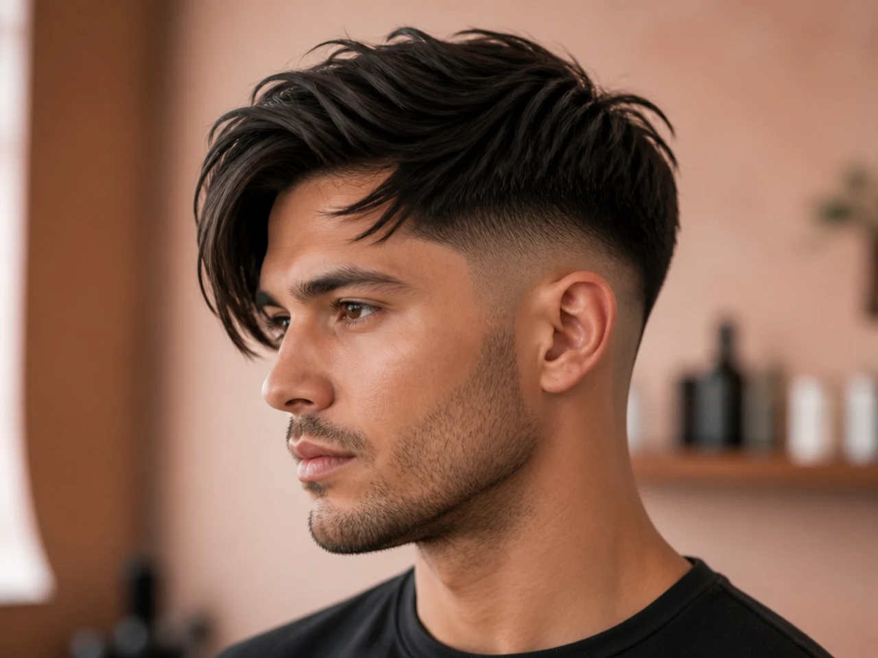 Mid fade with long forward-swept fringe
