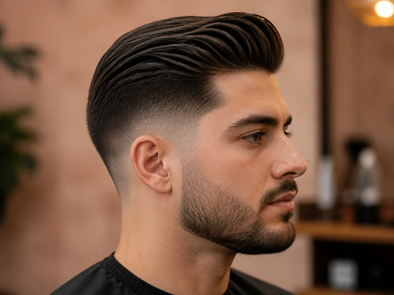 Mid fade with slicked pompadour quiff