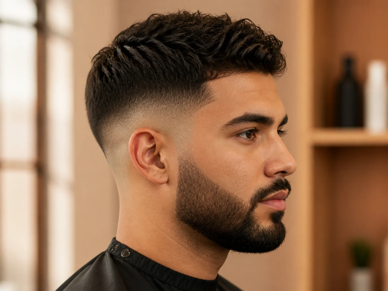 Mid skin fade with connected beard on short crop